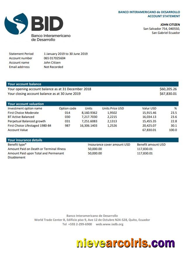 Ecuador Banco Interamericano de Desarrollo (BID) bank statement